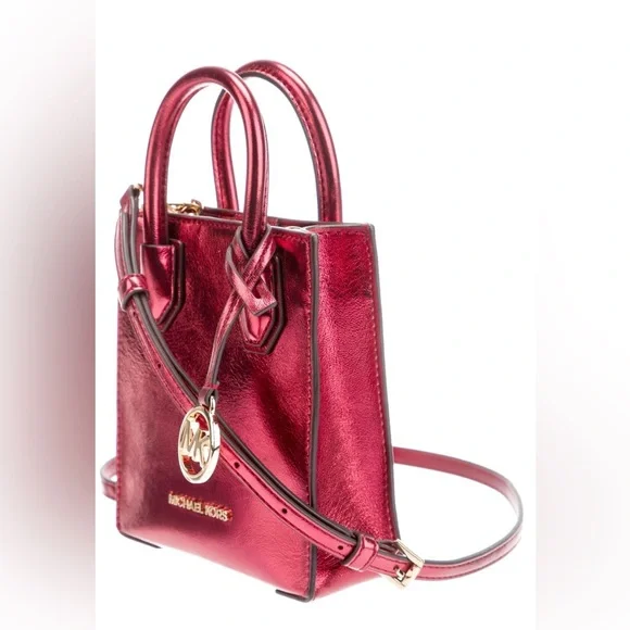 NWT Michael Kors Mercer XS North South Shopper Crossbody in Metallic Crimson Red - Picture 3 of 7